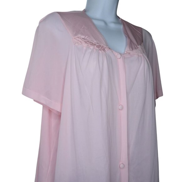 Vintage Vanity Fair Pink Nylon Short Sleeve Pajama Top Laced Trim Button Front L - Picture 4 of 8